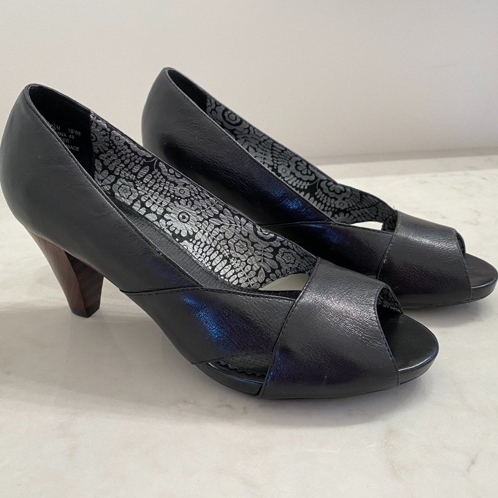 Womans shoes.  Black, size 9.5.  Clarks Indigo.  High, stacked heel and open toe